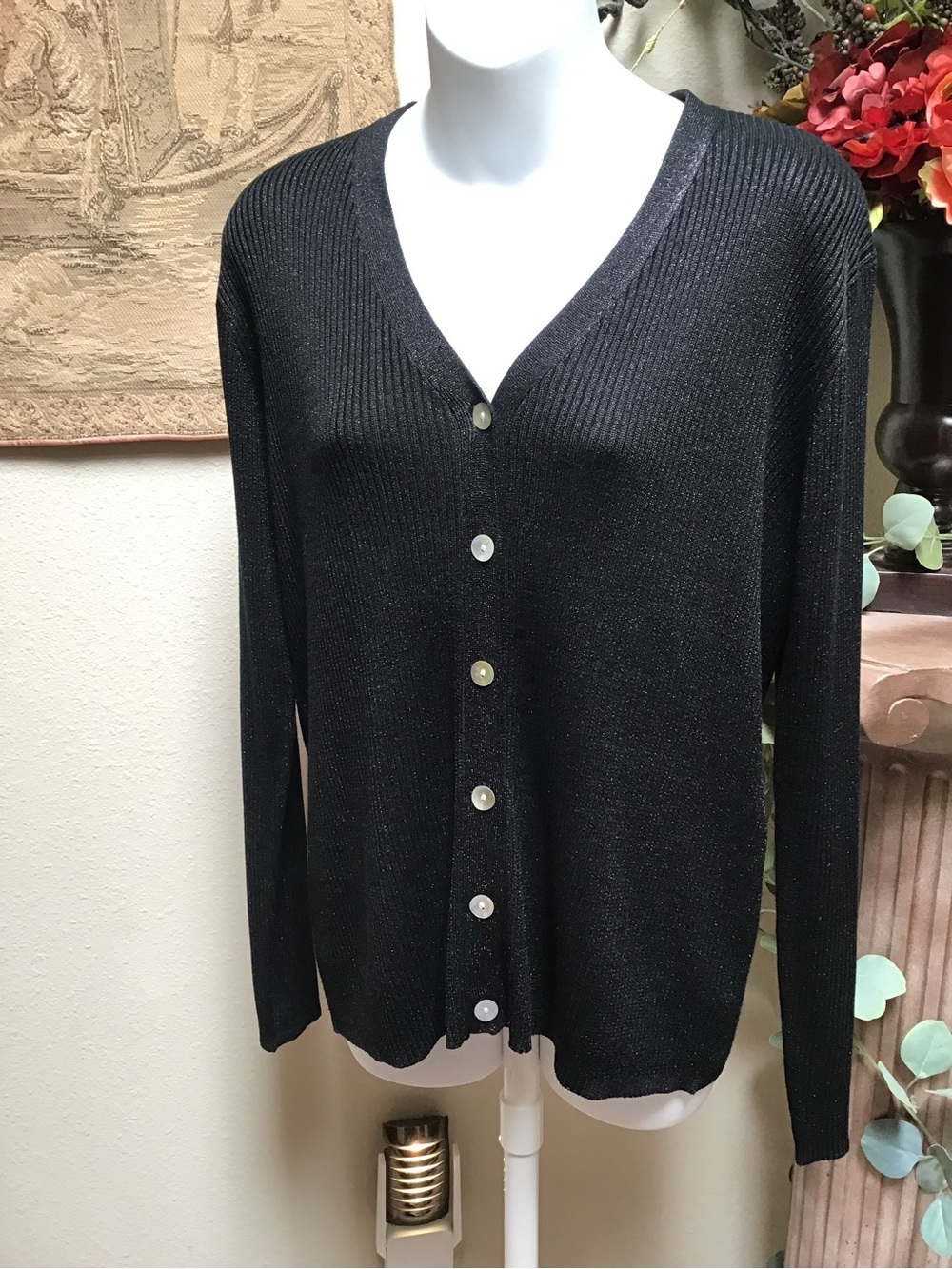 Joseph Black Shimmer V-Neck Button Front Cardigan